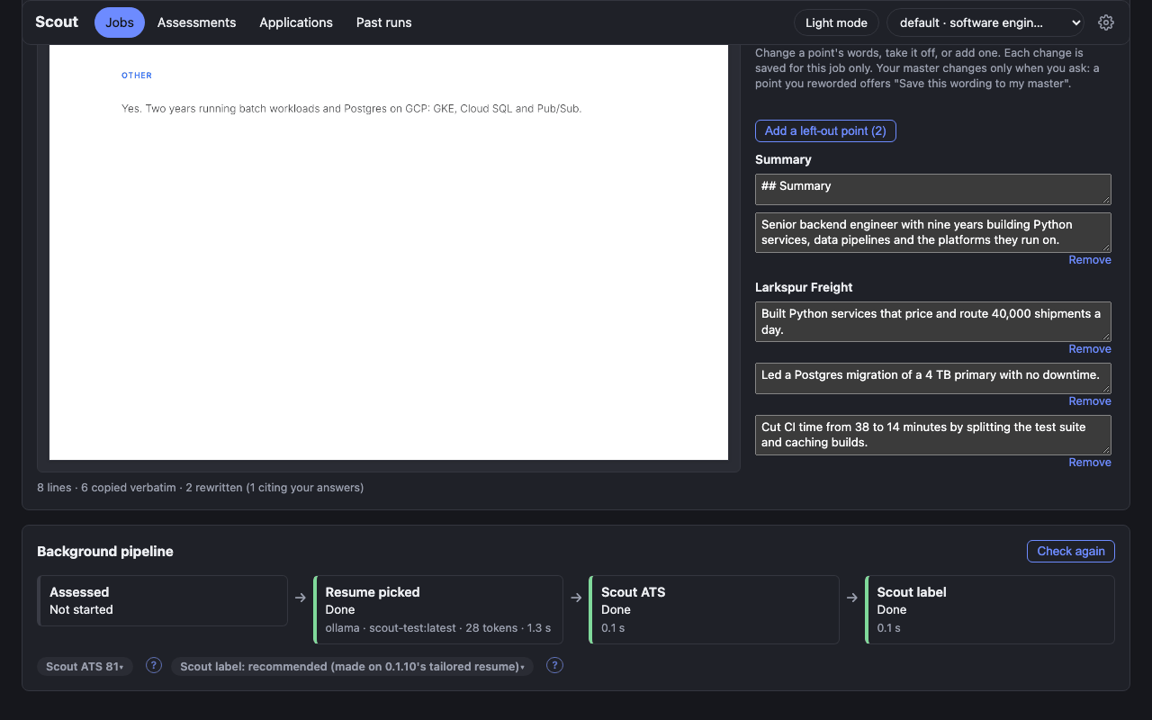 The same job page further down: the end of the resume card with its Points list, then the background pipeline's steps, the Scout ATS score and the Scout label.