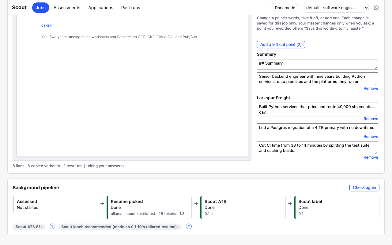 The same job page further down: the end of the resume card with its Points list, then the background pipeline's steps, the Scout ATS score and the Scout label.