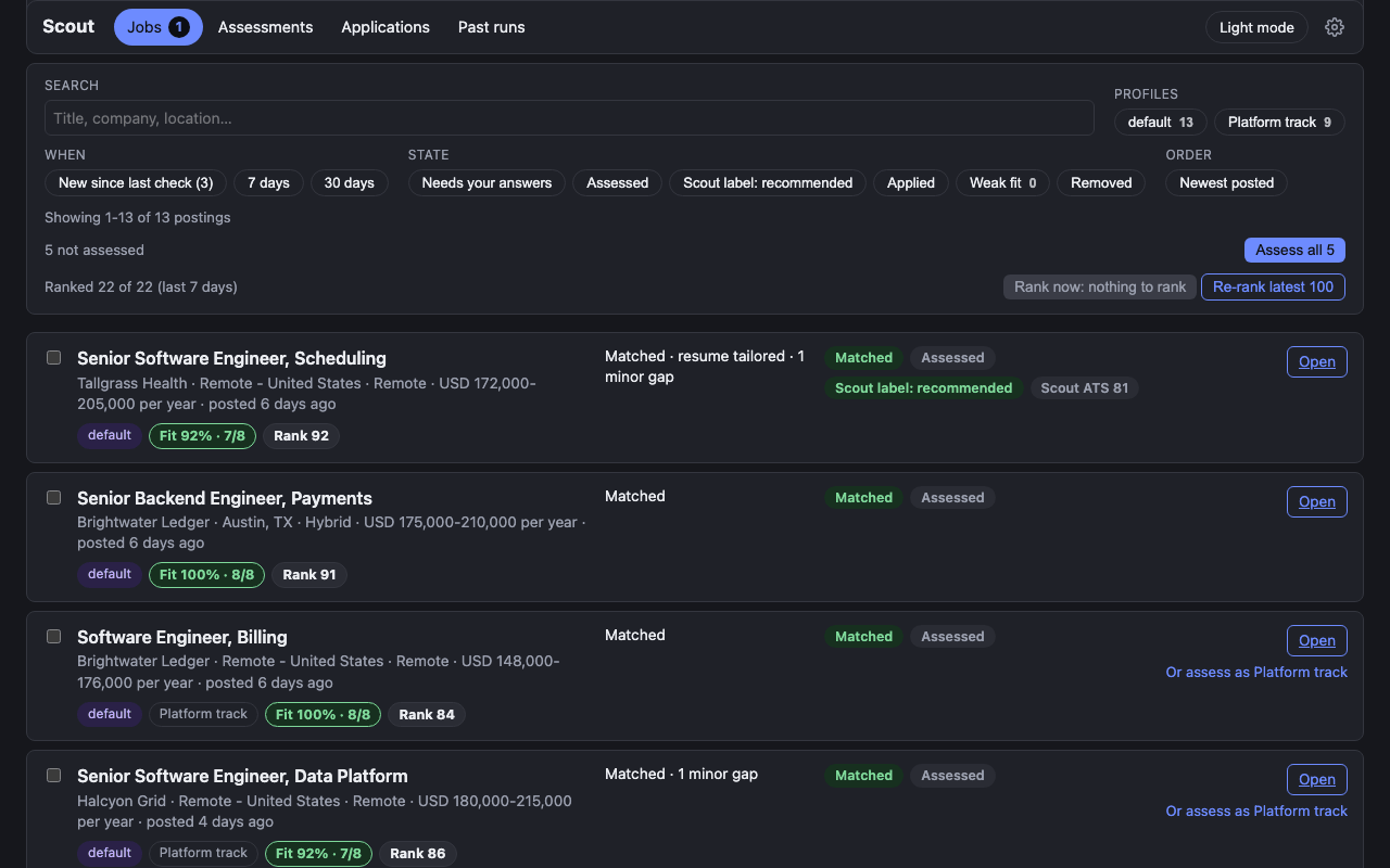 The Jobs page: every stored posting your profiles match, with filter chips, profile tags and the Fit and Rank chips under each title.