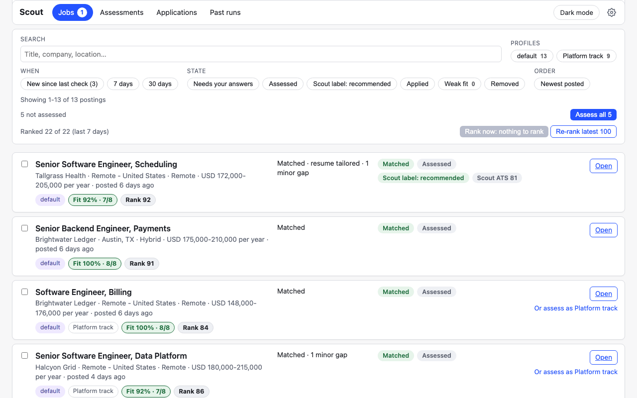 The Jobs page: every stored posting your profiles match, with filter chips, profile tags and the Fit and Rank chips under each title.