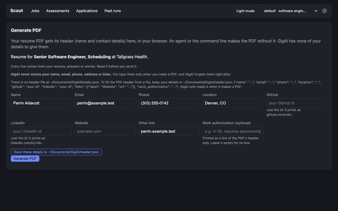 Generate PDF: you add your own name and contact details in the browser; GigAI stores none.