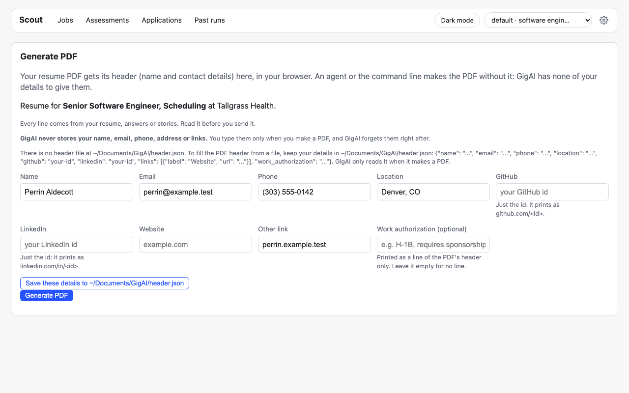 Generate PDF: you add your own name and contact details in the browser; GigAI stores none.