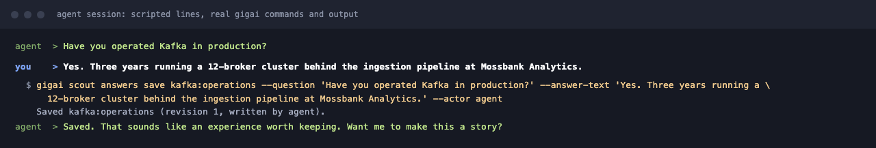 The agent asks a question, saves your answer, and offers to make it a story.
