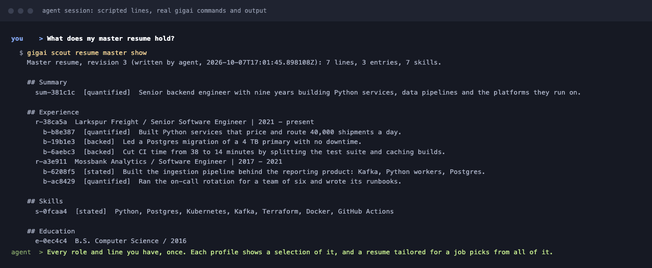 `gigai scout resume master show`: your master resume, every role and line once, each with its id and how well it is backed.