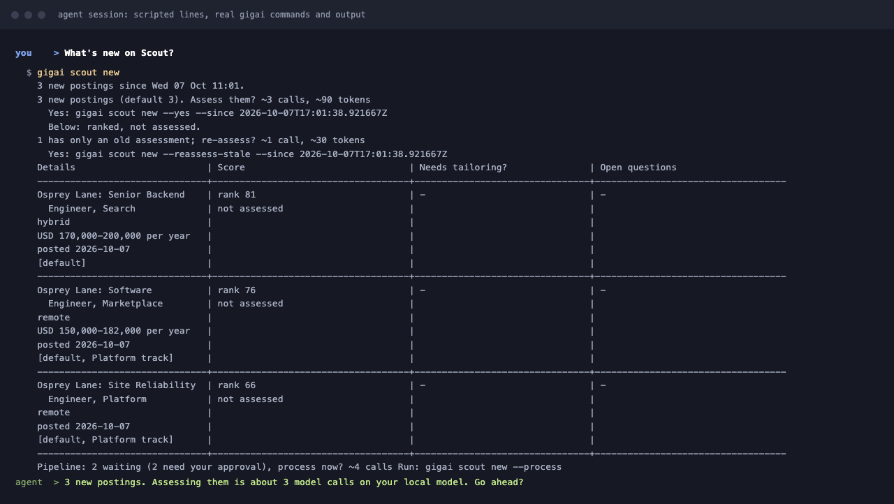 An agent runs `gigai scout new`: what is new, and the cost, before anything is assessed.